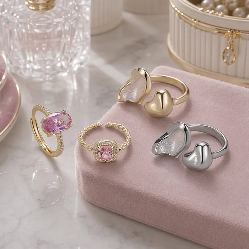 Heart Shape Open Ring for Women in Brass with Zircon Inlay, Available in Natural Pink