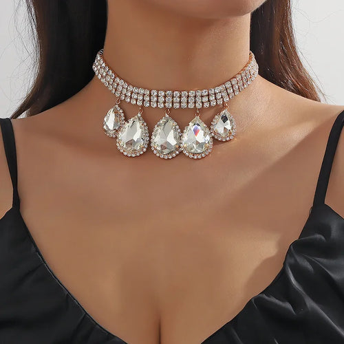 Dinner Party Crystal Glass Rhinestone Necklace Big Water Drop Jewelry Accessories