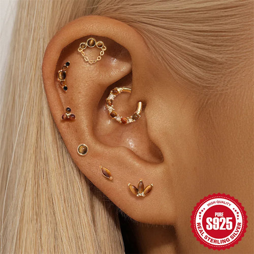 S925 Sterling Silver Natural Tiger Eye Stone Threaded Piercing Ear Bone Studs French Style Fashionable Geometric Design Unisex