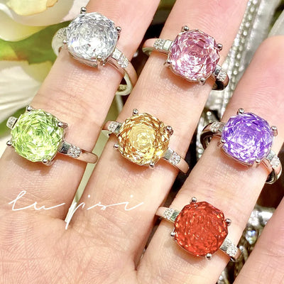 Elegant Rose Cut Diamond Ring High Carbon Pink Diamond Geometric Pattern Vintage Style Women's Ring Fashionable All-Match Accessory