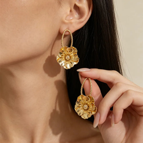 Bohemian Asymmetrical Flowers Earrings for Women in Golden Plated Ferroalloy