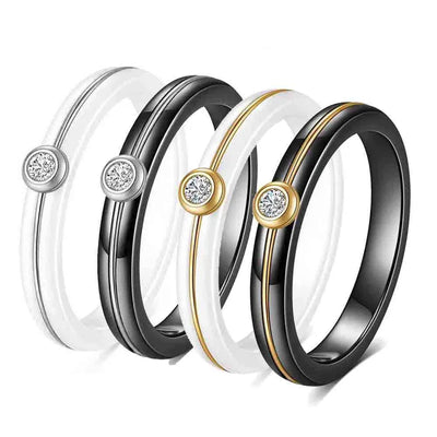 Fashionable Stainless Steel Ceramic Diamond Embedded 18K Gold Wire Ring For Women Geometric Pattern Round Design Ladies Ring