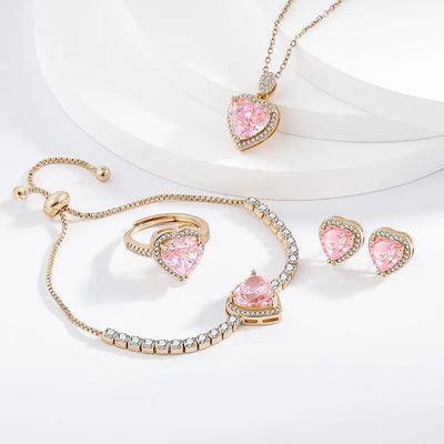 Gold Plated Copper Zircon Heart Shaped Jewelry Set For Women Bracelet Ring Necklace Earrings Live Broadcast Hot Sale