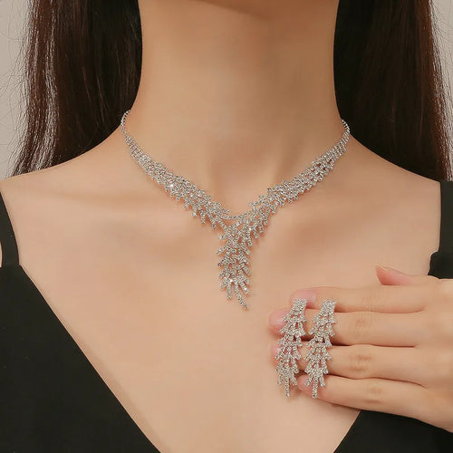 1 set fashion geometric copper inlay rhinestones women's earrings necklace