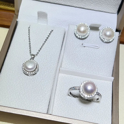 Double Ring Jewelry Set with 9-10mm Natural White Freshwater Pearls in 925 Sterling Silver