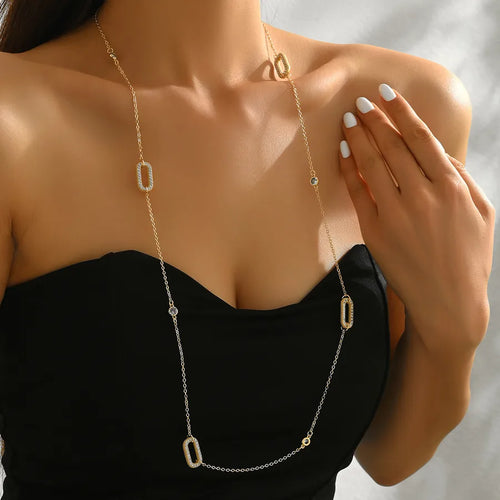 French Ins Style Long Hollow Rectangle Geometry Necklace Sweater Chain Suitable For Ladies Party Shopping Wear Double Layer