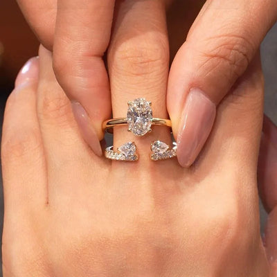 Two-Headed Water Drop-Shaped Diamond Ring Set for Women, Oval-Shaped Middle Finger Ring, Rose Gold Plated Alloy Jewelry
