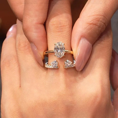 Two-Headed Water Drop-Shaped Diamond Ring Set for Women, Oval-Shaped Middle Finger Ring, Rose Gold Plated Alloy Jewelry