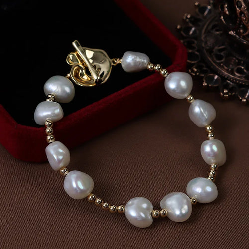 Retro Freshwater Pearl Bracelet with 9-10mm Natural White Baroque Pearls and Copper Metal