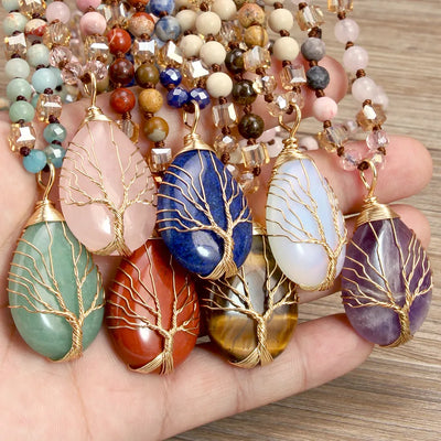 Long Necklace Featuring Water Droplets Pattern with Natural Stone and Copper Plated PVD Coated Beaded Chain in Bezel Setting