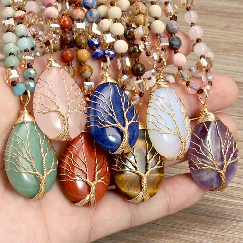 Long Necklace Featuring Water Droplets Pattern with Natural Stone and Copper Plated PVD Coated Beaded Chain in Bezel Setting