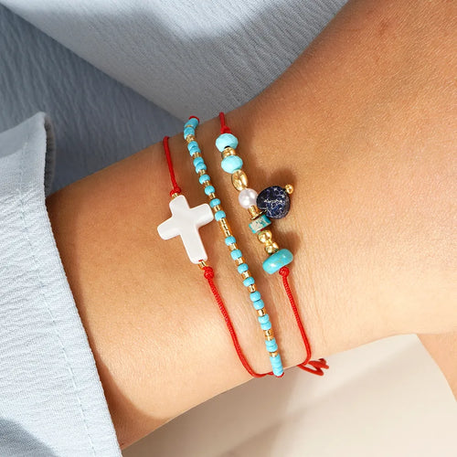 Women’s Drawstring Bracelets Featuring Cross Pattern with Rope Chain and Imitation Pearl Beading on Cord In Chain