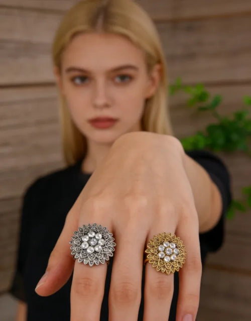 Alloy Inlaid Diamond Mirror Flower Vintage Open Adjustable Antique Silver Plated Rhinestone Handmade Ring