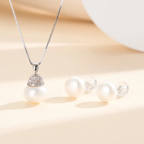 1 Set 925 Sterling Silver Crown Freshwater Pearl Zircon White Gold Plated box chain Earrings Necklace Jewelry Set