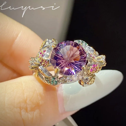 New Italian Dual-tone Gold Craft Handcrafted Firework Cut Purple Diamond Ring Women Colorful Flower Gemstone Ring Bohemian Style