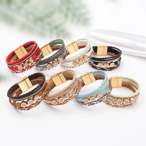Bohemian Woven Leather Bracelet Women's Magnet Buckle Hand Chain Original Design Geometric Pattern Artificial Leather Accessory