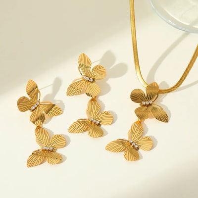 Wholesale Jewelry Elegant Cute Retro Irregular Geometric Butterfly 304 Stainless Steel Zircon 18K Gold Plated Plating Inlay Blade chain Ear Studs Necklace