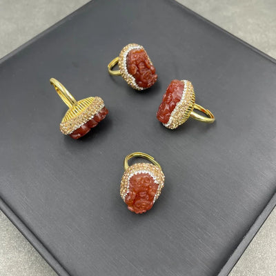 Natural Red Agate Faux Gold Plated Adjustable Ring Czech Crystal Embedded Original Design Geometric Pattern For Women