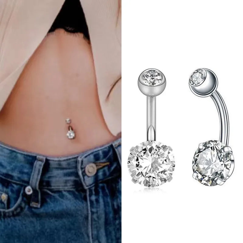 Stainless Steel Navel Ring With Dual Drill Zirconia Stones 8mm Belly Button Jewelry Geometric Pattern For Wedding And Festival