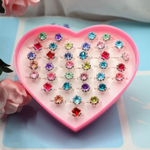 36 children diamond ring gemstone adjustable alloy ring love box imitation zirconium ring direct sales