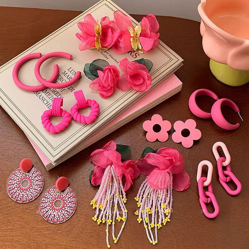 1 Pair Elegant Lady Sweet Round Flower Plating Alloy Cloth Seed Bead Drop Earrings Ear Studs