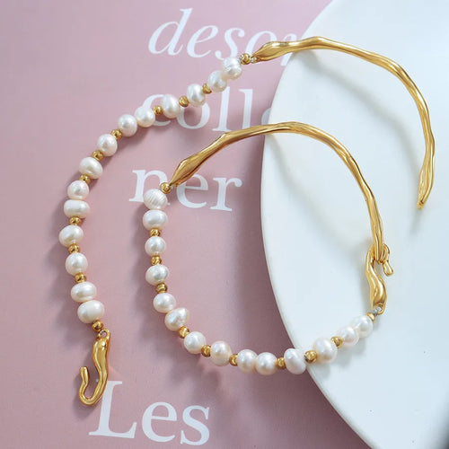 elegant geometric freshwater pearl titanium steel beaded plating 18k gold plated bracelets