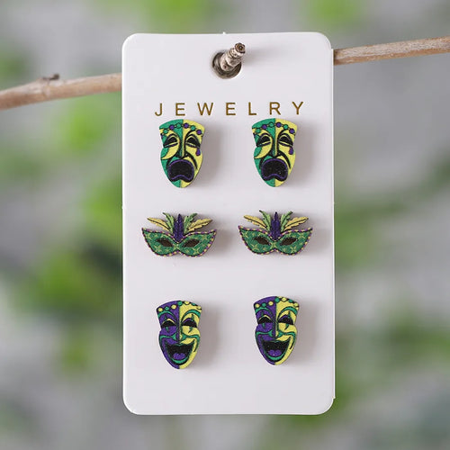 3 Pairs of Carnival Earrings Vintage Clown Wooden Mask Earrings Women's Daily Date Multi-color Ear Jewelry