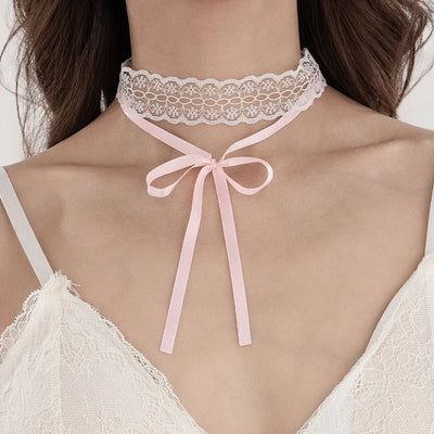 Elegant Double Layer White Lace Butterfly Knot Choker Necklace Women's Ribbon Tied Simple Country Style Alloy Fabric Jewelry