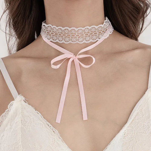 Elegant Double Layer White Lace Butterfly Knot Choker Necklace Women's Ribbon Tied Simple Country Style Alloy Fabric Jewelry