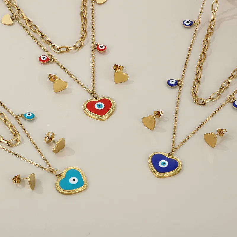 Wholesale Jewelry Streetwear Heart Shape Stainless Steel Titanium Steel 18K Gold Plated Enamel Plating Layered Necklaces