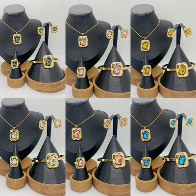 Polished Rectangle Jewelry Set for Women in 304 Stainless Steel with 18K Gold PVD Coating and Rhinestone Inlay, Snake Chain