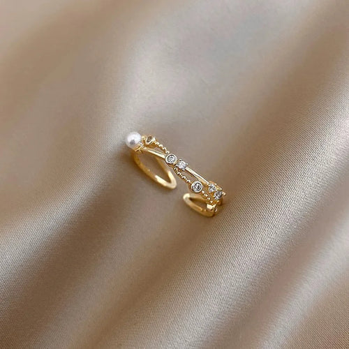 Elegant Pearl Embedded Zircon Cross Open Ring New Style Fashionable Geometric Pattern Women's Jewelry Accessory