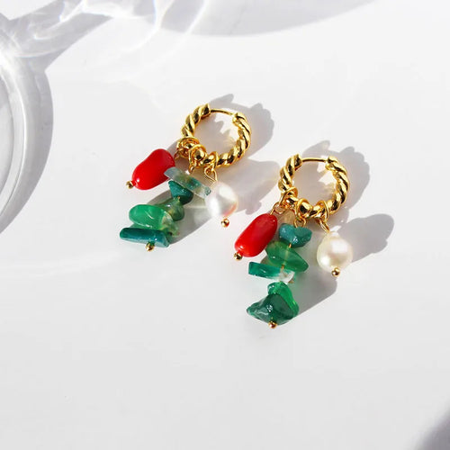 1 Pair Elegant Streetwear Geometric Tassel Beaded natural stone Brass 24K Gold Plated Drop Earrings