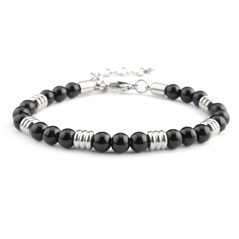 Black Dragon Pattern Agate Stainless Steel 6mm Unisex Handmade Beaded Bracelet Simple Geometric Design Round Craft Jewelry