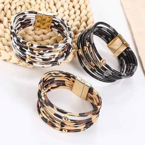 Streetwear Leopard Pu Leather  Wrap Bracelets Wholesale