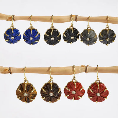 Hot-Selling New NS Style Copper Water Plated 14K Real Gold Micro-Inlaid Zircon Natural Stone Tiger Eye Lapis Lazuli Flower Ear Hook Earrings