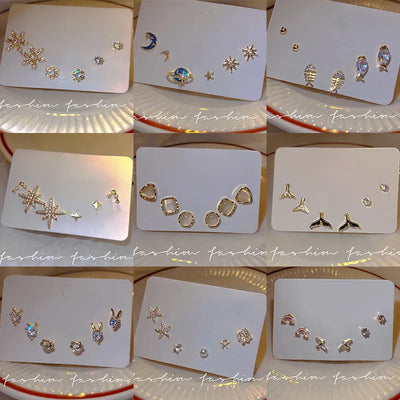 cute star heart shape bow knot copper plating inlay zircon hoop earrings ear studs 1 set