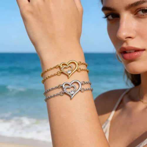 Heart Shape Waterproof Non Tarnish Bracelets in Copper with 18K Real Gold PVD Coated Plating and Zircon Inlay, 0.03µm Thickness