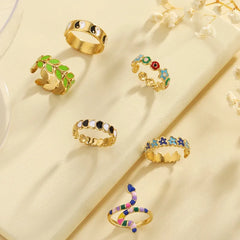 Wholesale Jewelry Cute Romantic Pastoral Leaves Heart Shape Snake 304 Stainless Steel 18K Gold Plated Enamel Rings