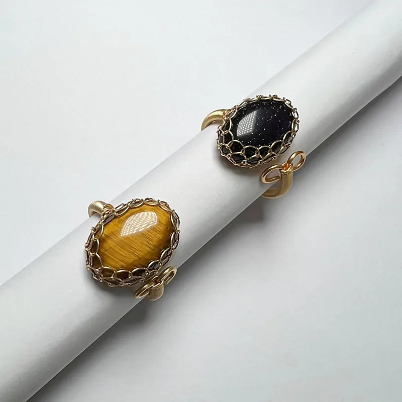 retro oval blue san tiger eye open ring