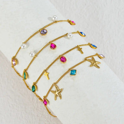 Wholesale Jewelry Princess Cute Artistic Geometric 304 Stainless Steel Rhinestones 18K Gold Plated Inlay Anklet