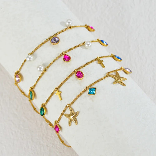 Wholesale Jewelry Princess Cute Artistic Geometric 304 Stainless Steel Rhinestones 18K Gold Plated Inlay Anklet