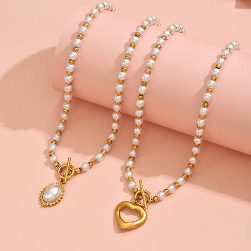 Elegant Vintage Style French Style Geometric Heart Shape 201 Stainless Steel Plastic Beaded Chain Beaded Necklaces Wholesale