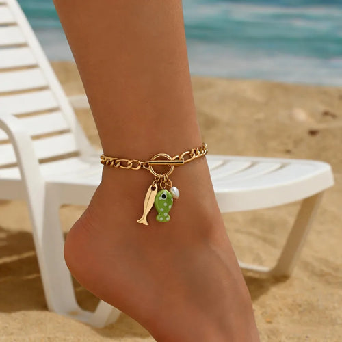 Gold Plated Anklet for Women Featuring Fish Pattern with Water Plating and KC Golden Plated Material, 0.03µm Thickness