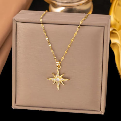 Starburst Inlay Pendant Necklace for Women, 18K Gold Plated Copper with Artificial Rhinestones and Lip Chain