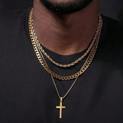 3-Piece Cross Pendant Necklace Suit Fashion Heavy Multi-Color Layered Design Suitable for Birthday Gifts and Daily Wear Ornament Must-have