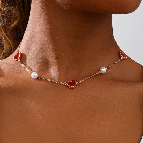 Simple Metal Red Heart Artificial Pearl Women's Necklace Valentine's Day Gift Geometric Gold-Plated Alloy