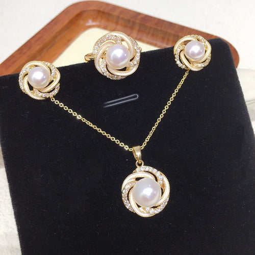 Natural Freshwater Pearl Jewelry Set With Pendant Earrings And Ring Painted Nest Bird Pearl White Color Jewelry Set