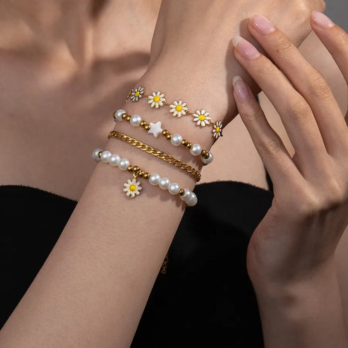 304 Stainless Steel Imitation Pearl Beaded Chain cable chain Enamel Flower Bracelets