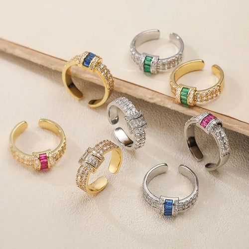 Square Open Ring for Women with Zircon Inlay, Copper Base, and 18K Real Gold Water Plating